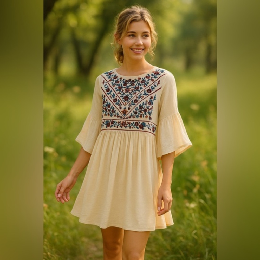 Boho Cream Gauzy Embroidered Mini Dress Tunic Umgee Boutique EUC S #1589